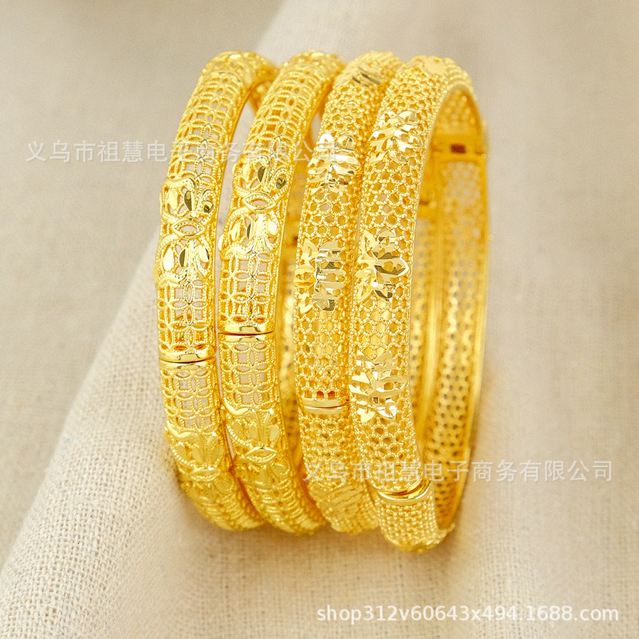 Wholesale dubai women's luxury hollow flower bangle gold elegant middle eastern bridal wedding bracelet party gift