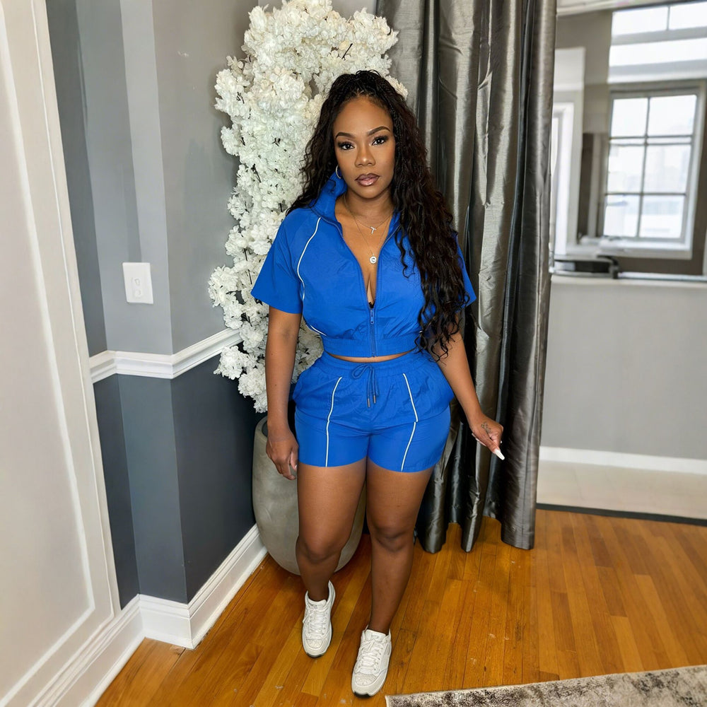 S391521 european and american fashion women's woven color block top and wide-leg elastic waist button-up sport shorts two-piece set