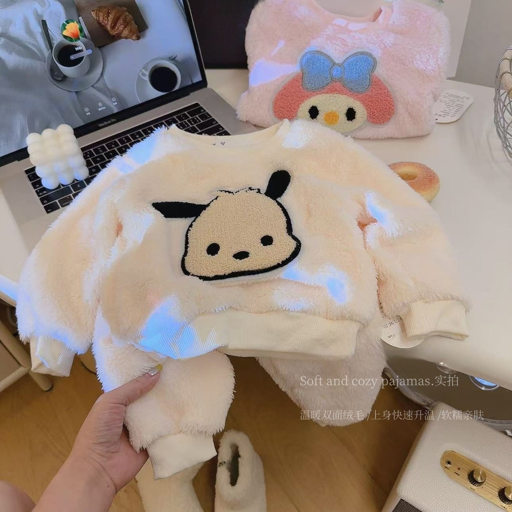 "cute baby outfit" fall and winter boys and girls fleece-linedheattech pajamas cloud velvet kids cute thickened home clothes cotton