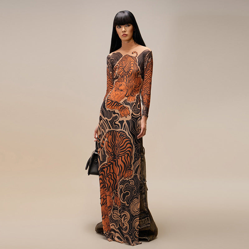 Europe, America 2025 new spring women's clothing personalized trend fashion printing semi-turtleneck mesh long high split top