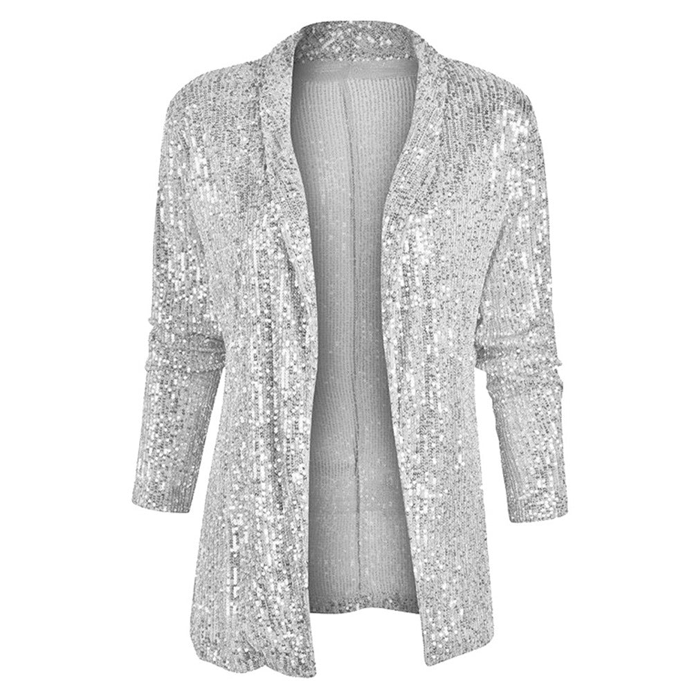 2025 spring new arrival: european and american style sequin long sleeve blazer - elegant mid-length jacket with turn-down collar, perfect for amazon