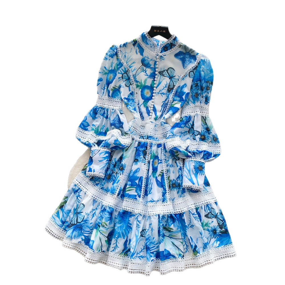 Elegant court style printed lantern sleeve dress - women's summer lace patchwork waist design midi dress