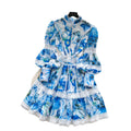 Elegant court style printed lantern sleeve dress - women's summer lace patchwork waist design midi dress