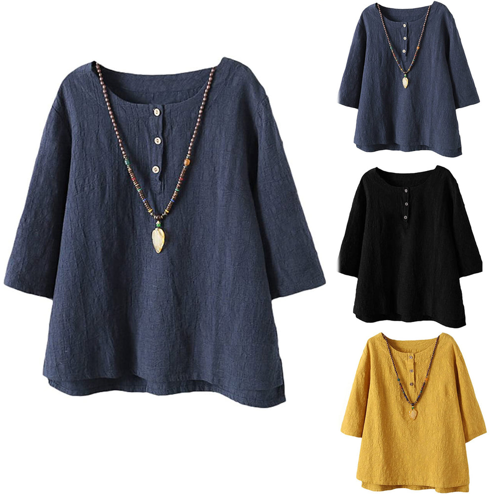2025 cross-border amazon fashion women's round neck mid-sleeve solid color snap button cotton linen t-shirt - loose fit trendy brand