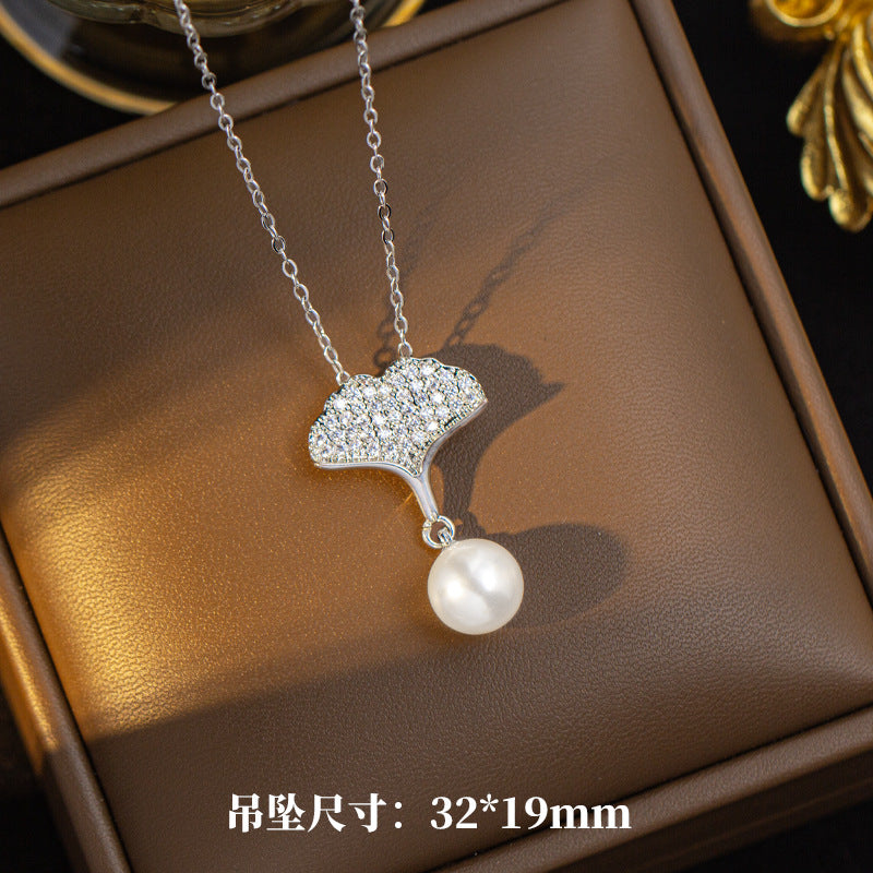 [titanium steel] cross-border ginkgo leaf zircon pendant real gold high-end necklace fashion niche style earrings jewelry set