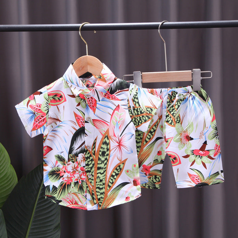 Kids' floral shirt set, 0-4 years old boys' all-over print short-sleeve t-shirt two-piece set, southeast asian style children's clothing wholesale
