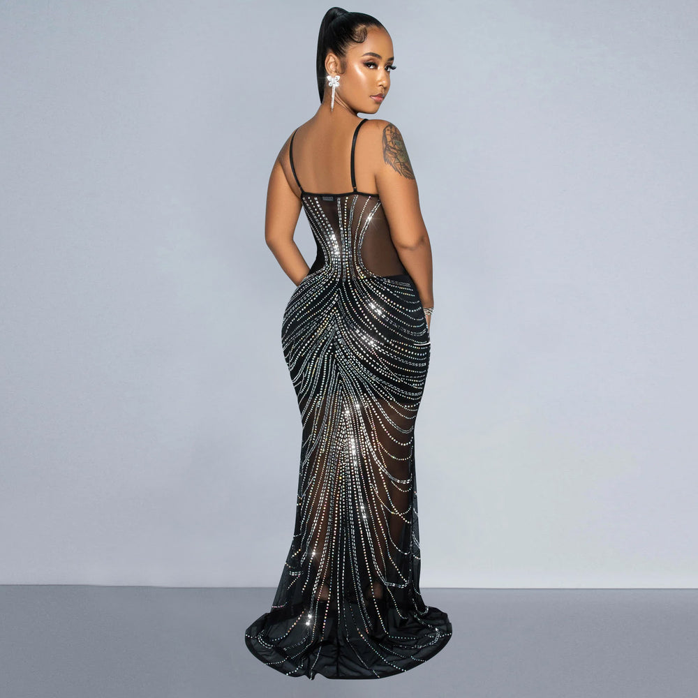 C6820 cross-border   fashion women's solid color mesh rhinestone embellished camisole maxi dress