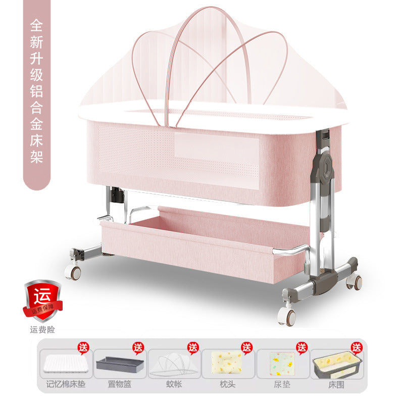 Aluminum alloy baby crib convertible to big bed, multifunctional portable folding children's bed, newborn baby bed with changing table