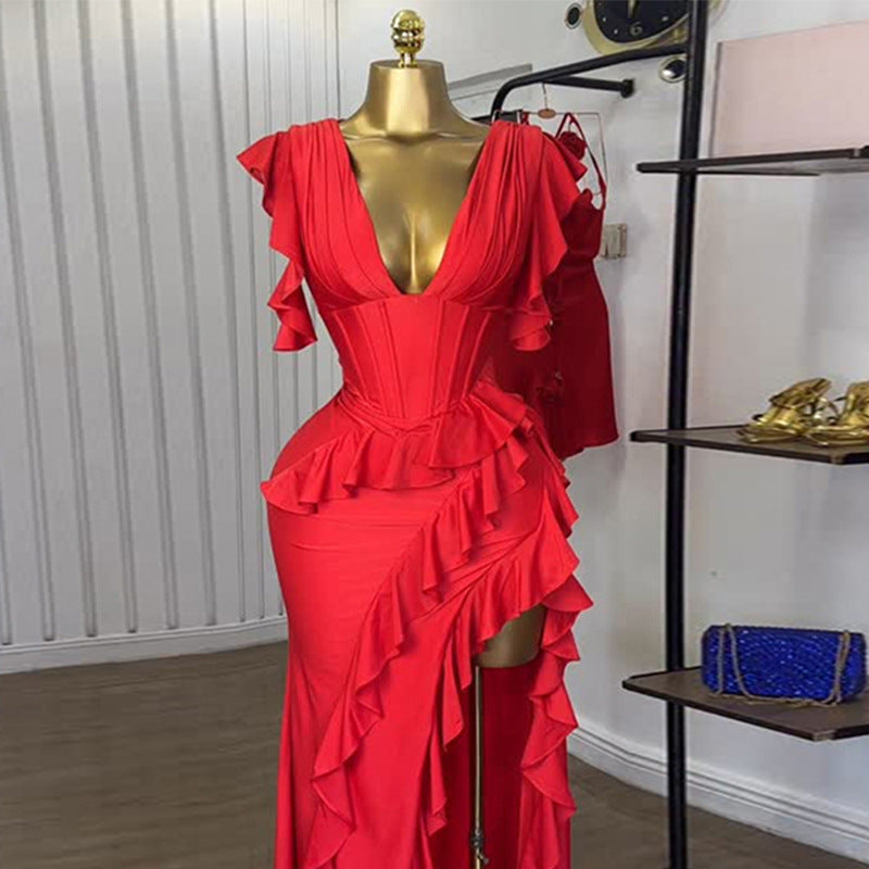 European and american cross-border women's fashion  summer new arrival: elegant v-neck ruffle trim top and asymmetrical midi skirt set