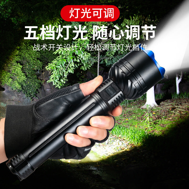 Cross-border new XHP90 strong light Type-C charging, telescopic zoom white laser LED power display flashlight