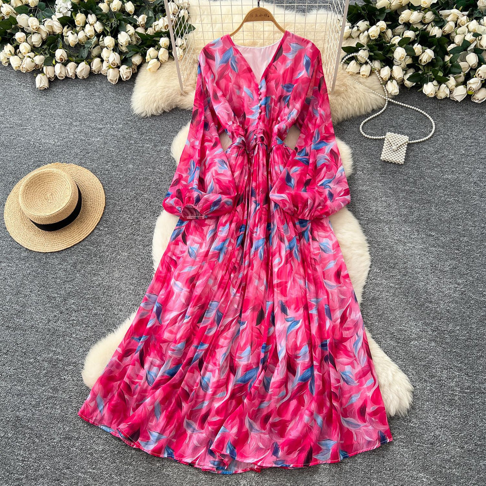 French retro v-neck lantern sleeve cinched waist dress -  new fashionable, elegant, slimming, and chic printed maxi dress
