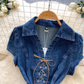 Commuting style v neckcomfortable breathable strappy denim shirt women's summer waist slimming looksense of design short-sleeved tops