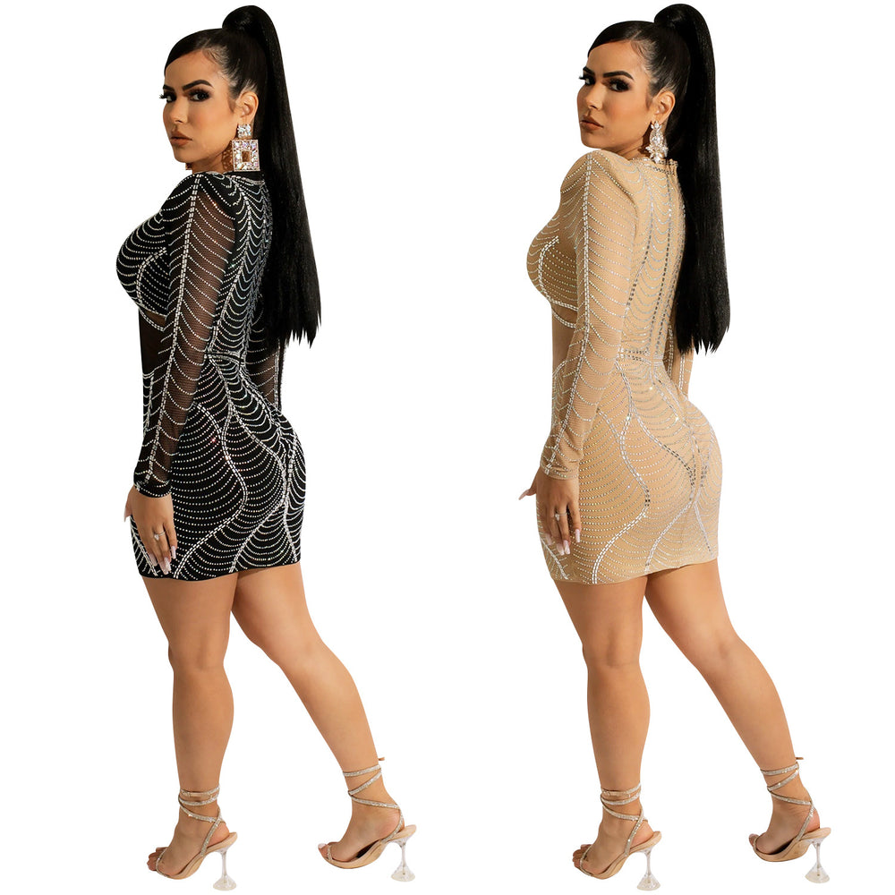 X5656 cross-border   fashion sexy women's nightclub long sleeve rhinestone mesh see-through dress