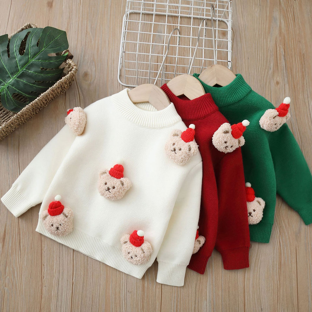 christmas kids' fleece-lined sweater: thickened, hand-knitted cartoon bear base layer for boys and girls