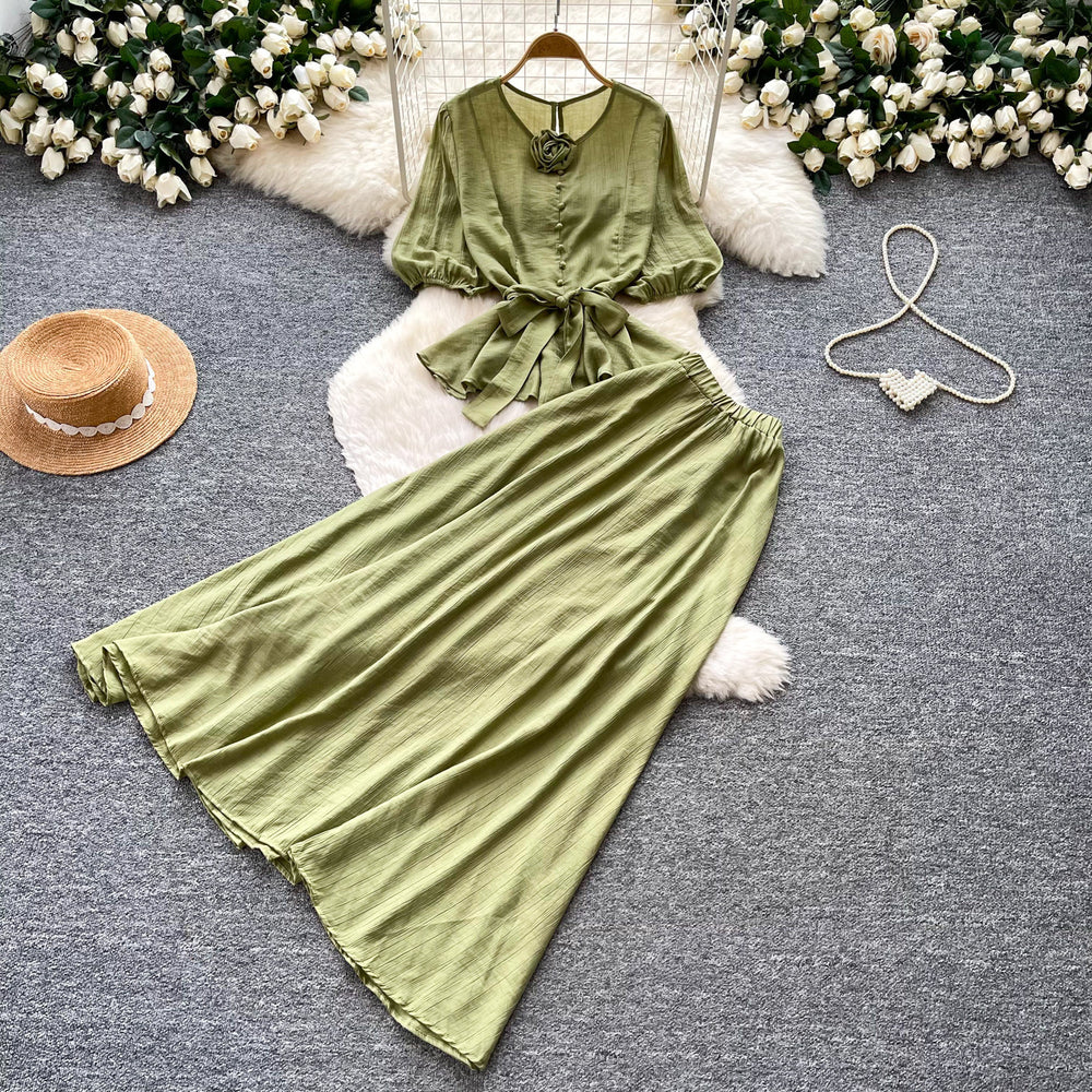 K-stylework clothing style lantern sleeve waist two-piece set female autumslimming lookhigh waist skirt red elegantsuit