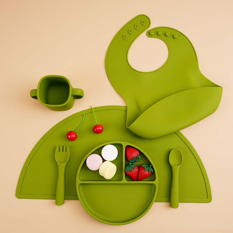 Children's food-grade silicone tableware set, baby separation plate, saliva pocket, complementary food bowl, six-piece tableware set