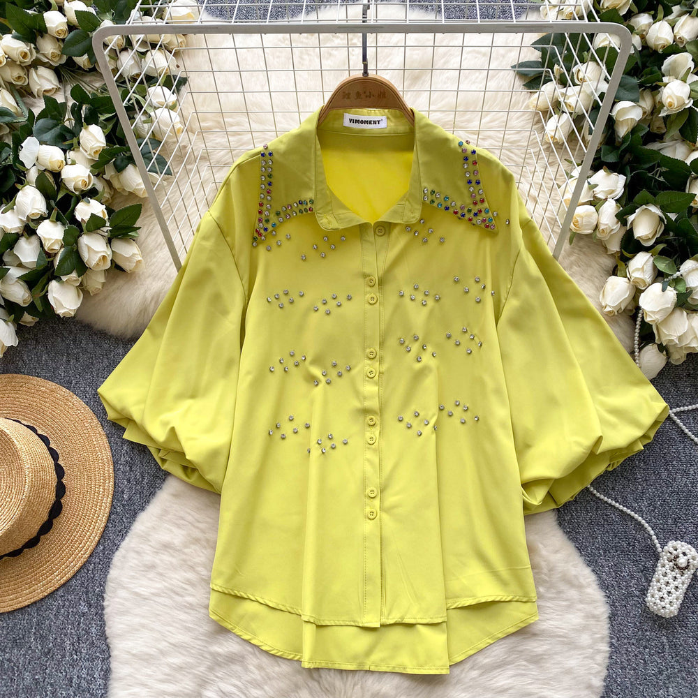 Imperial style, heavily embellished, rhinestone-adorned lantern sleeve single-breasted blouse - women's  summer loose fit, versatile, casual, european and american top