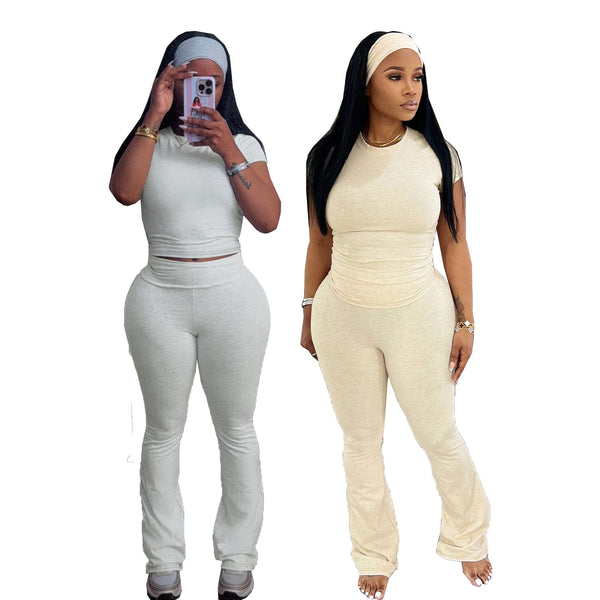TW715 European and American   casual women's two-piece sportswear crew neck T-shirt low-rise flared pants with headband