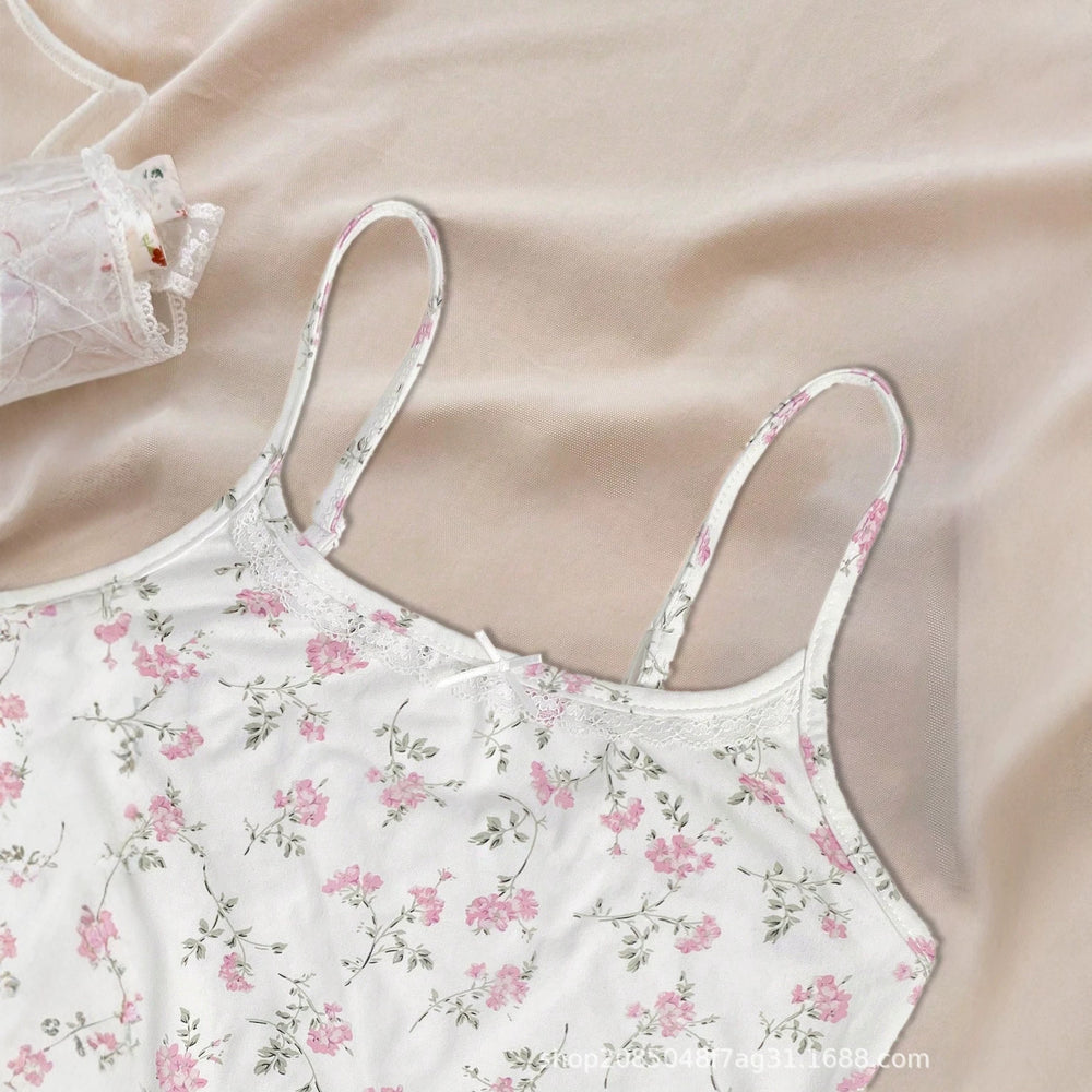 Gentle floral print cami shorts set - sweet bowknot girl's casual two-piece outfit