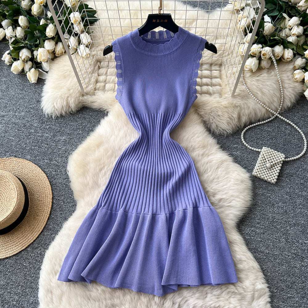 K-stylework clothing sleeveless pleatedknittingdress women's summercut out waist a-line skirt pinkelegant skirt summer