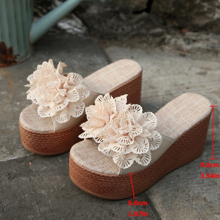 summernew arrivalexport wedge thick bottom slippers women's large size one-shaped flower waterproof platform sandals wholesale