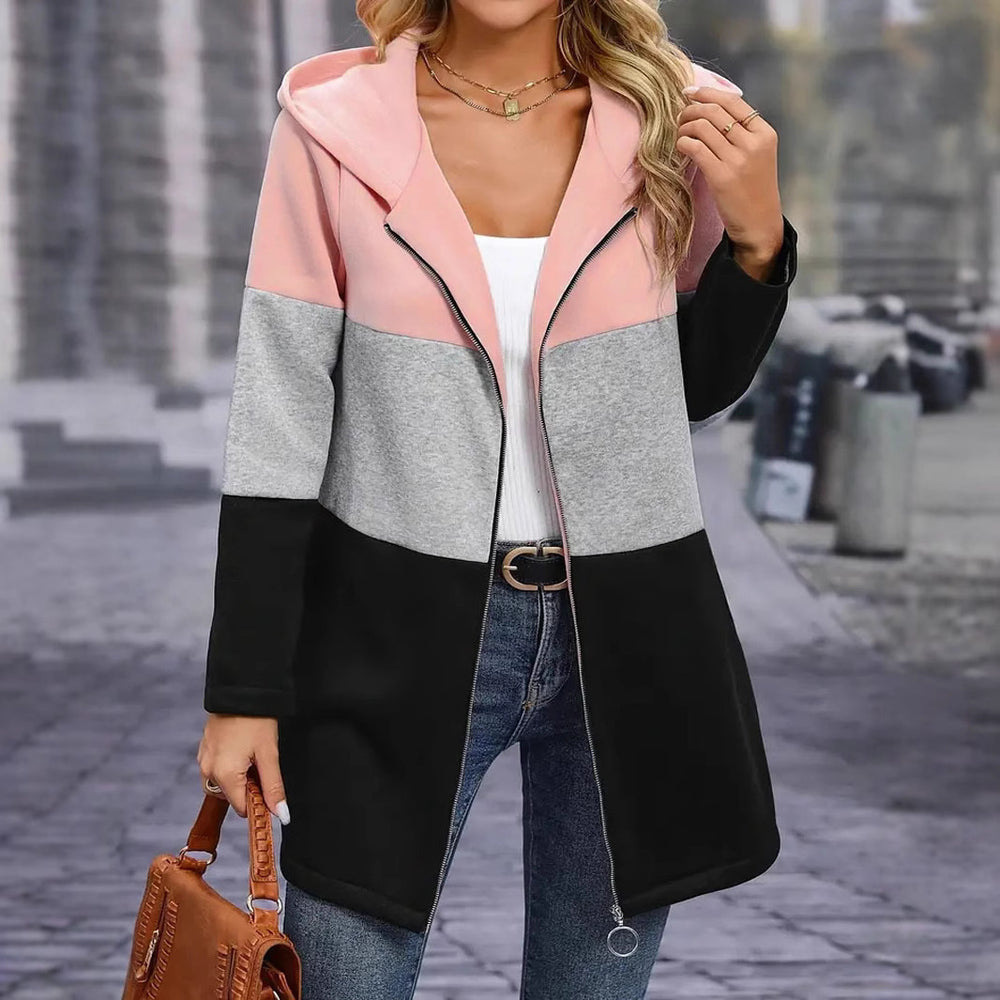 European and american autumn/winter  cross-border women's casual fashion loose color block three-color patchwork hoodie jacket