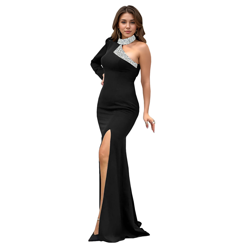 C7268 cross-border   fashion women's sexy off-the-shoulder rhinestone front slit dress - new
