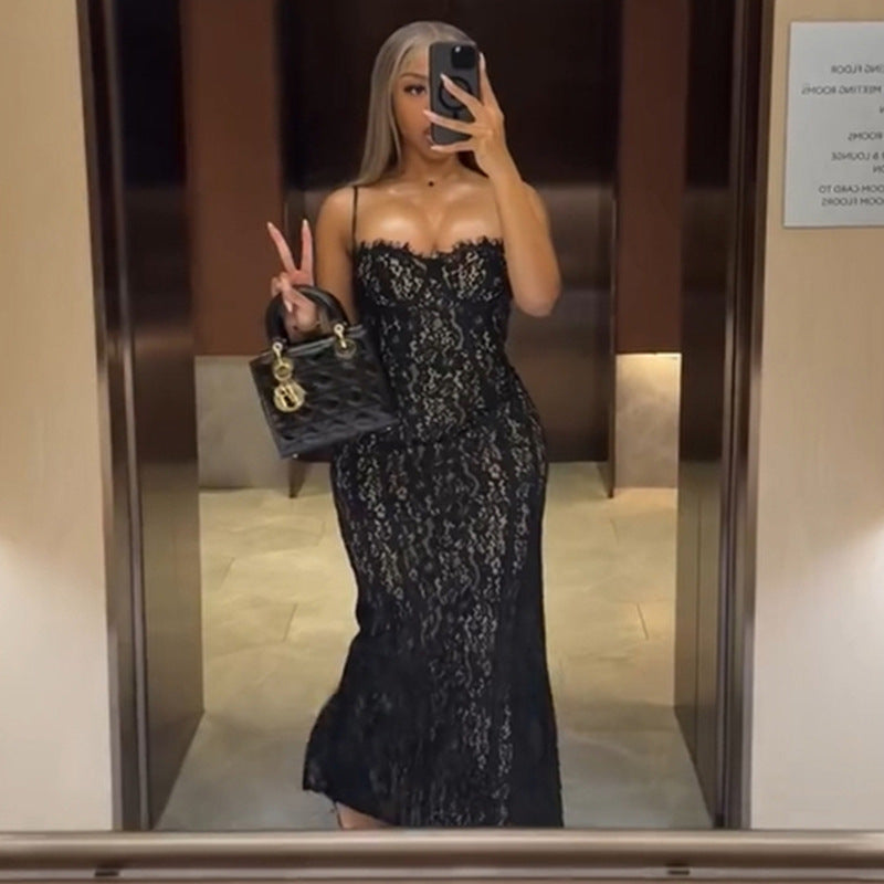 European and american cross-border women's fashion:  summer new arrivals - sexy, elegant, slim-fit, and figure-flattering lace black slip dress
