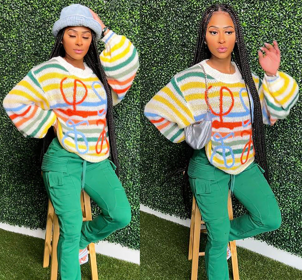 European and american cross-border women's clothing:  spring streetwear casual colorful striped crochet loose-fit long-sleeve sweater top