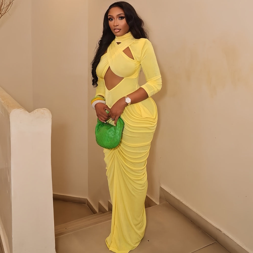 European and american cross-border women's fashion:  spring new arrival - solid color long sleeve stand collar cutout bandeau pleated maxi dress