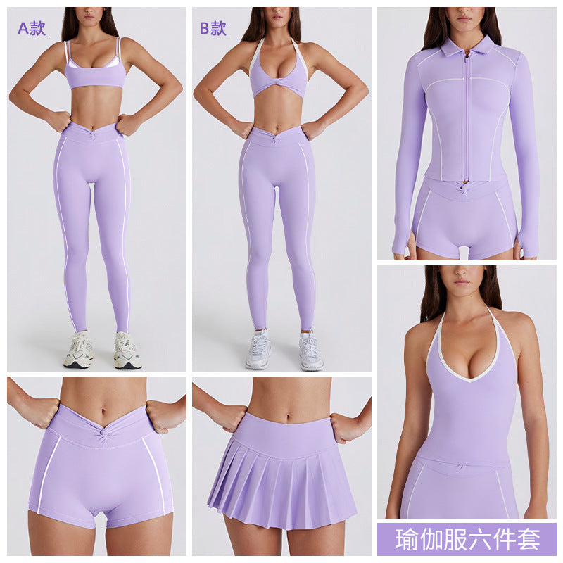 Contrast color bra tops long sleeves short sleeves pants shorts skirts pleated skirts zipper outwear yoga clothes six-piece suit