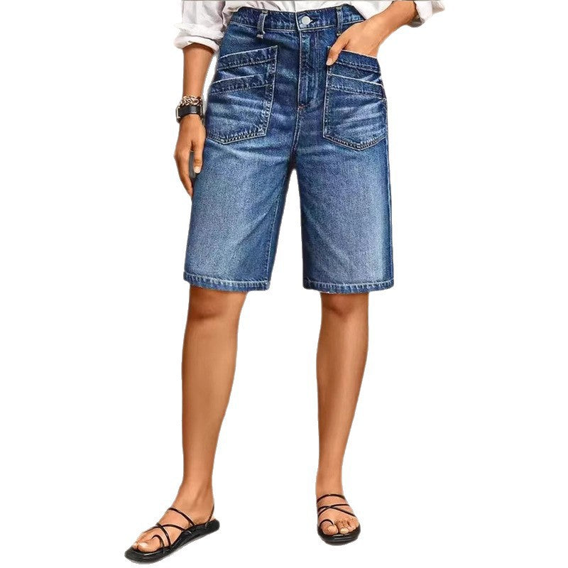 Amazon  fashionexport cross-border washed elastic mid-waiststraight-legjeansretro brushed mid-pants for women