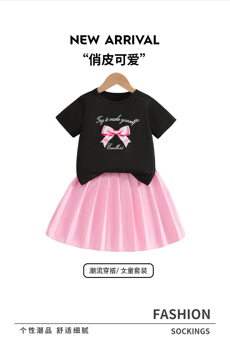 Girls' export skirt set: pink pleated skirt & round neck bow print t-shirt two-piece outfit