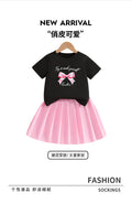 Girls' export skirt set: pink pleated skirt & round neck bow print t-shirt two-piece outfit