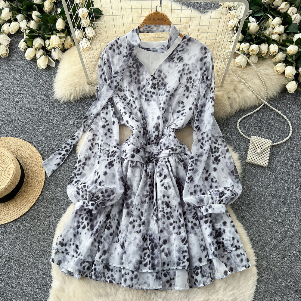 French retroelegancev neck ribbon long sleevesprintingdress women's waist slimming look a line skirt work clothing