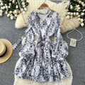 French retroelegancev neck ribbon long sleevesprintingdress women's waist slimming look a line skirt work clothing