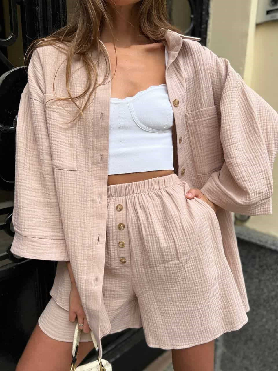 European and American casual temperament new women's clothing solid color cardigan breasted top fashion shorts two-piece set
