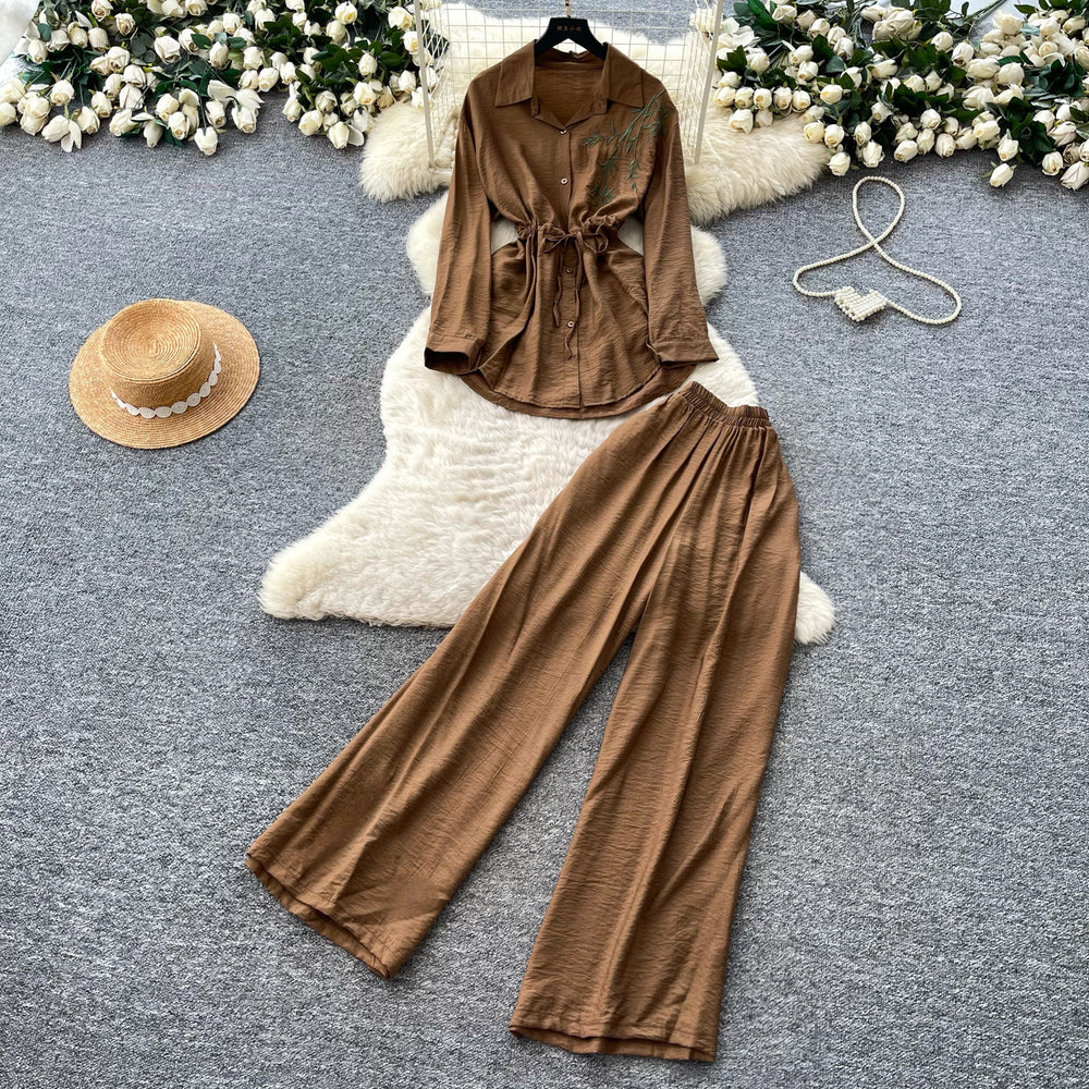 Light mature style zen bows strappy waist shirt women's spring autumhigh waistloose pantstwo-piece setautumwork clothing