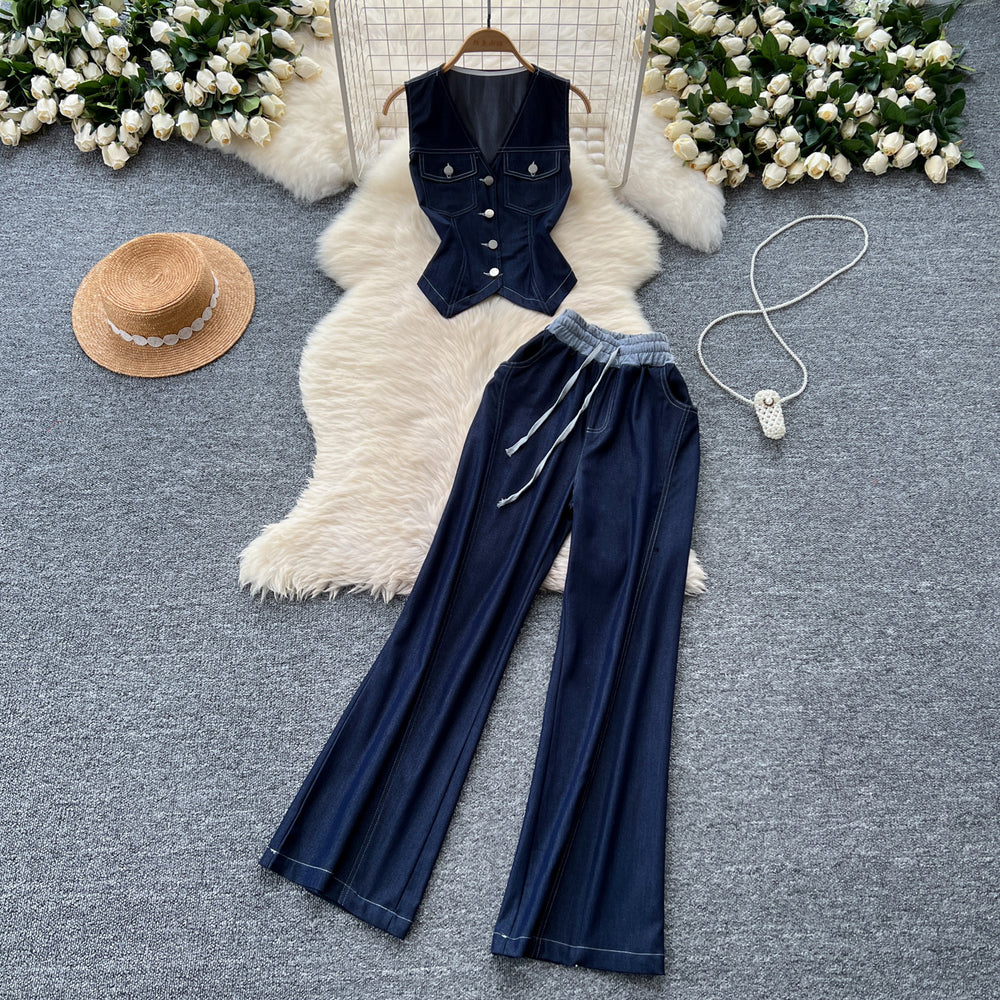 High-end women's summer outfit featuring a stylish v-neck sleeveless single-breasted top and a casual wide-leg pants two-piece set