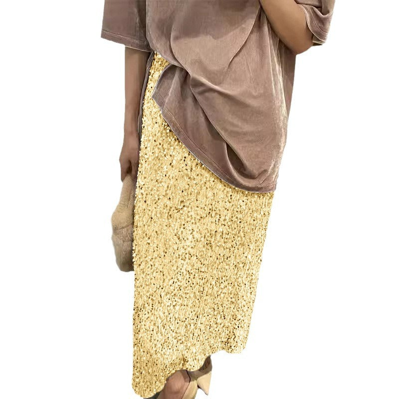 2025 european and american new fashion high-waisted slimming sequin midi skirt - women's elastic waist, back slit, stretch straight-leg long skirt