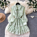 Frenchretro lapel strap waist dress women's spring autum mint green lacepatchwork a-line skirt work clothing