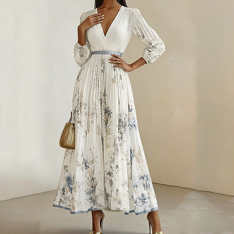women's summer new arrivals:  cross-border fashion - elegant v-neck printed waist-cinching dress (us/eu style)