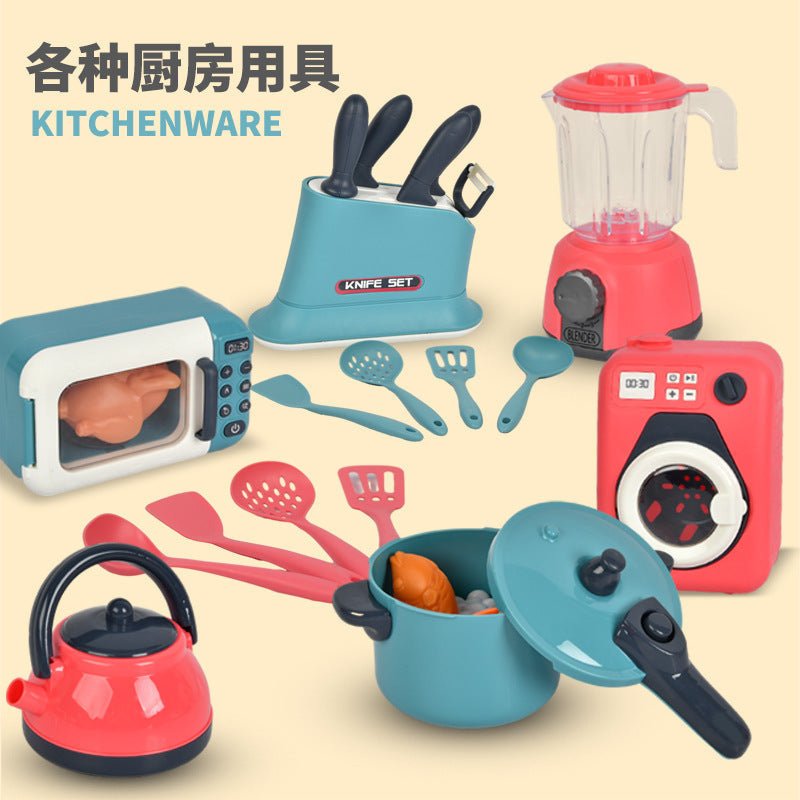 Realistic kitchen pretend play set for babies - mini cooking playset with table, utensils, appliances, and small fridge