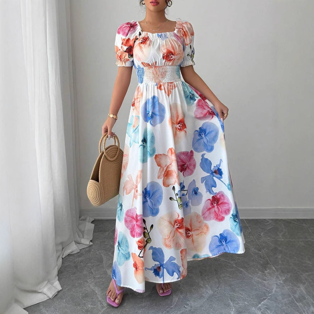 summer  fashion new arrival puff sleeve high waist waist printing women's large swing suspender dress