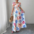 summer  fashion new arrival puff sleeve high waist waist printing women's large swing suspender dress