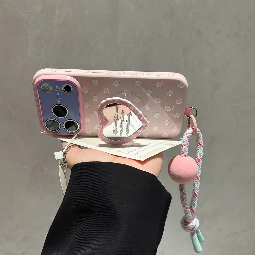 Suitable for apple 17promax mobile phone case polka dot love mirror holder color ball lanyard iphone18 soft case 15