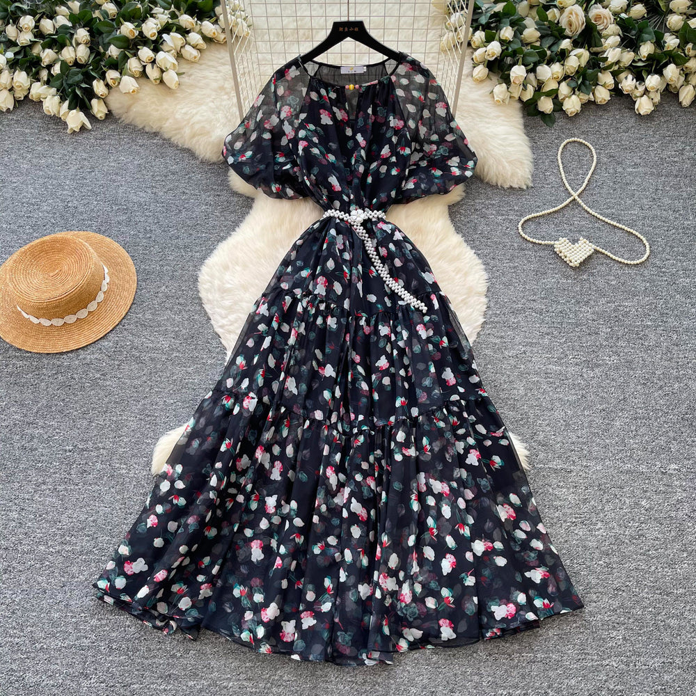 French chic v-neck floral dress - women's summer korean style short sleeve slimming a-line maxi dress - vacation ready