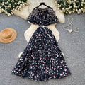 French chic v-neck floral dress - women's summer korean style short sleeve slimming a-line maxi dress - vacation ready