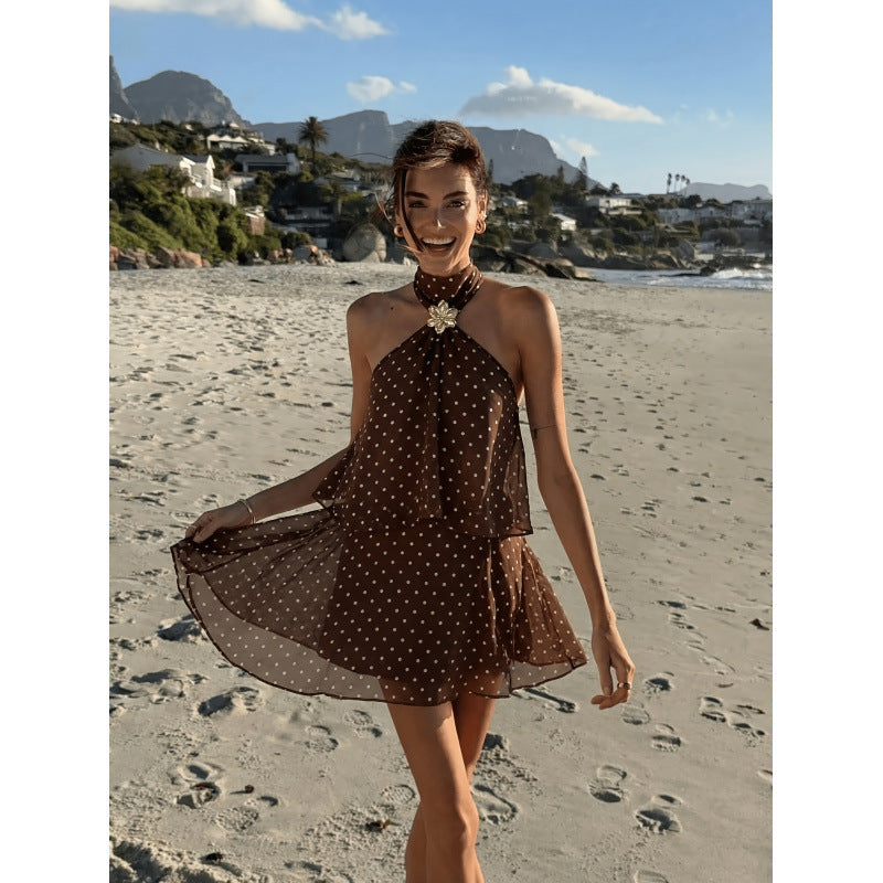 code  independent station  holiday polka dot printing backless haltershortdress