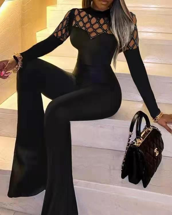 european and american export women's fashion patchwork sexy diamond mesh cinched waist slim fit micro flare jumpsuit